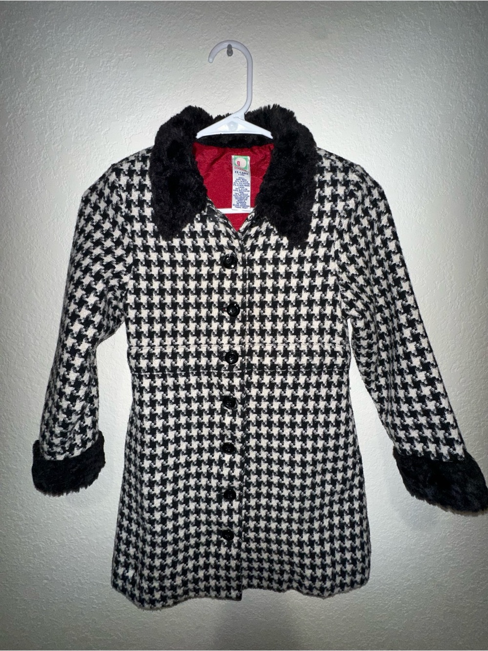 Vintage 2001 Gymboree Black & White Houndstooth Faux Fur Trim Coat XXL 7 Yrs